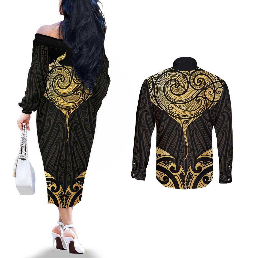 Gold Black New Zealand Manta Ray Couples Matching Off The Shoulder Long Sleeve Dress and Long Sleeve Button Shirt Aotearoa Maori Haehae LT14 - Polynesian Pride