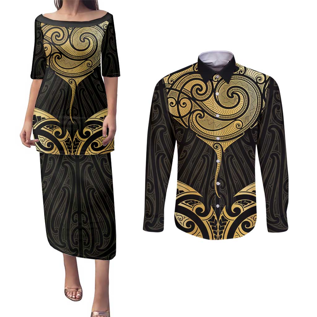 Gold Black New Zealand Manta Ray Couples Matching Puletasi and Long Sleeve Button Shirt Aotearoa Maori Haehae LT14 Black - Polynesian Pride