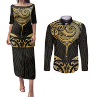 Gold Black New Zealand Manta Ray Couples Matching Puletasi and Long Sleeve Button Shirt Aotearoa Maori Haehae LT14 Black - Polynesian Pride