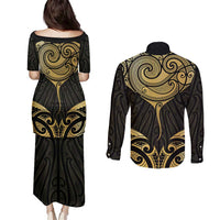 Gold Black New Zealand Manta Ray Couples Matching Puletasi and Long Sleeve Button Shirt Aotearoa Maori Haehae LT14 - Polynesian Pride
