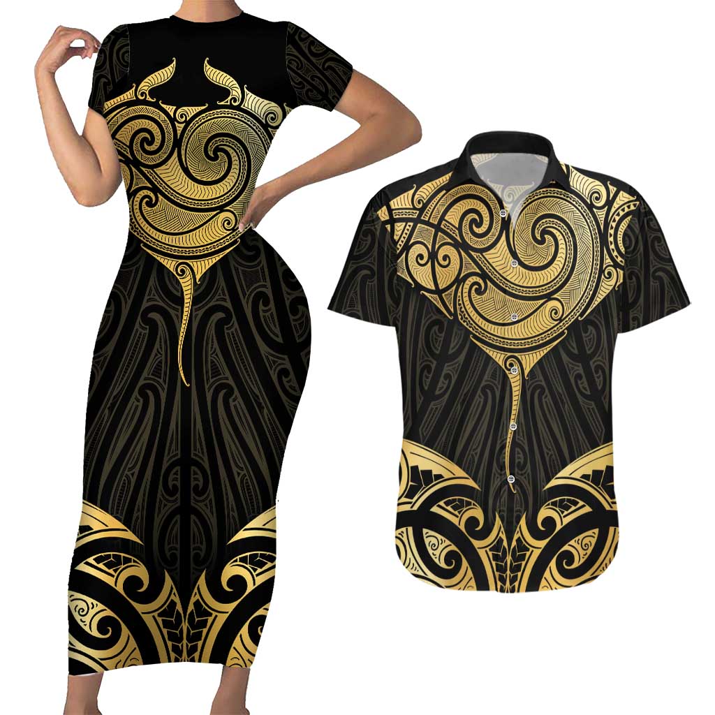 Gold Black New Zealand Manta Ray Couples Matching Short Sleeve Bodycon Dress and Hawaiian Shirt Aotearoa Maori Haehae LT14 Black - Polynesian Pride