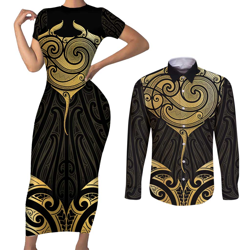 Gold Black New Zealand Manta Ray Couples Matching Short Sleeve Bodycon Dress and Long Sleeve Button Shirt Aotearoa Maori Haehae LT14 Black - Polynesian Pride