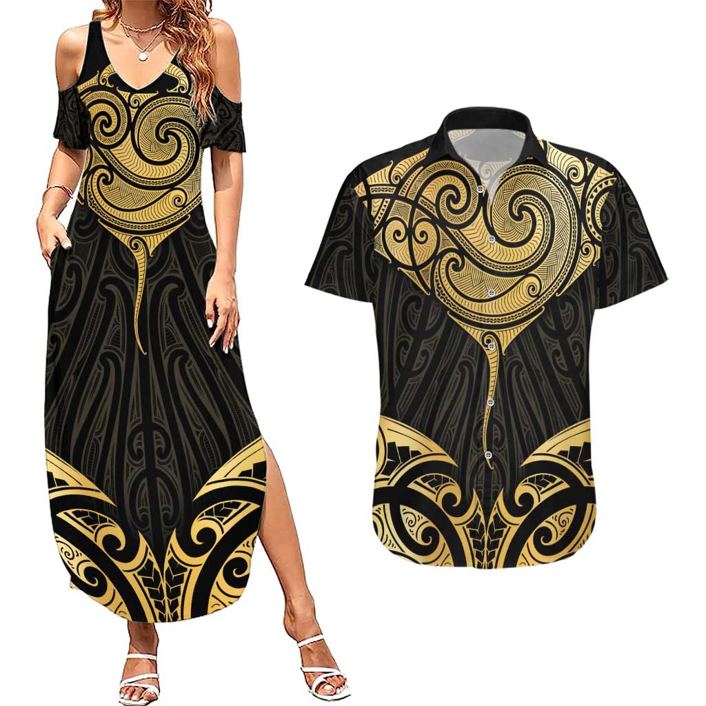 Gold Black New Zealand Manta Ray Couples Matching Summer Maxi Dress and Hawaiian Shirt Aotearoa Maori Haehae LT14 Black - Polynesian Pride