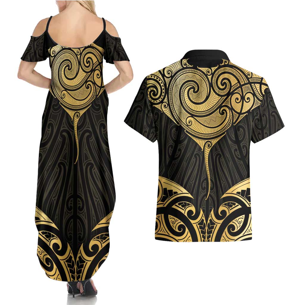 Gold Black New Zealand Manta Ray Couples Matching Summer Maxi Dress and Hawaiian Shirt Aotearoa Maori Haehae LT14 - Polynesian Pride