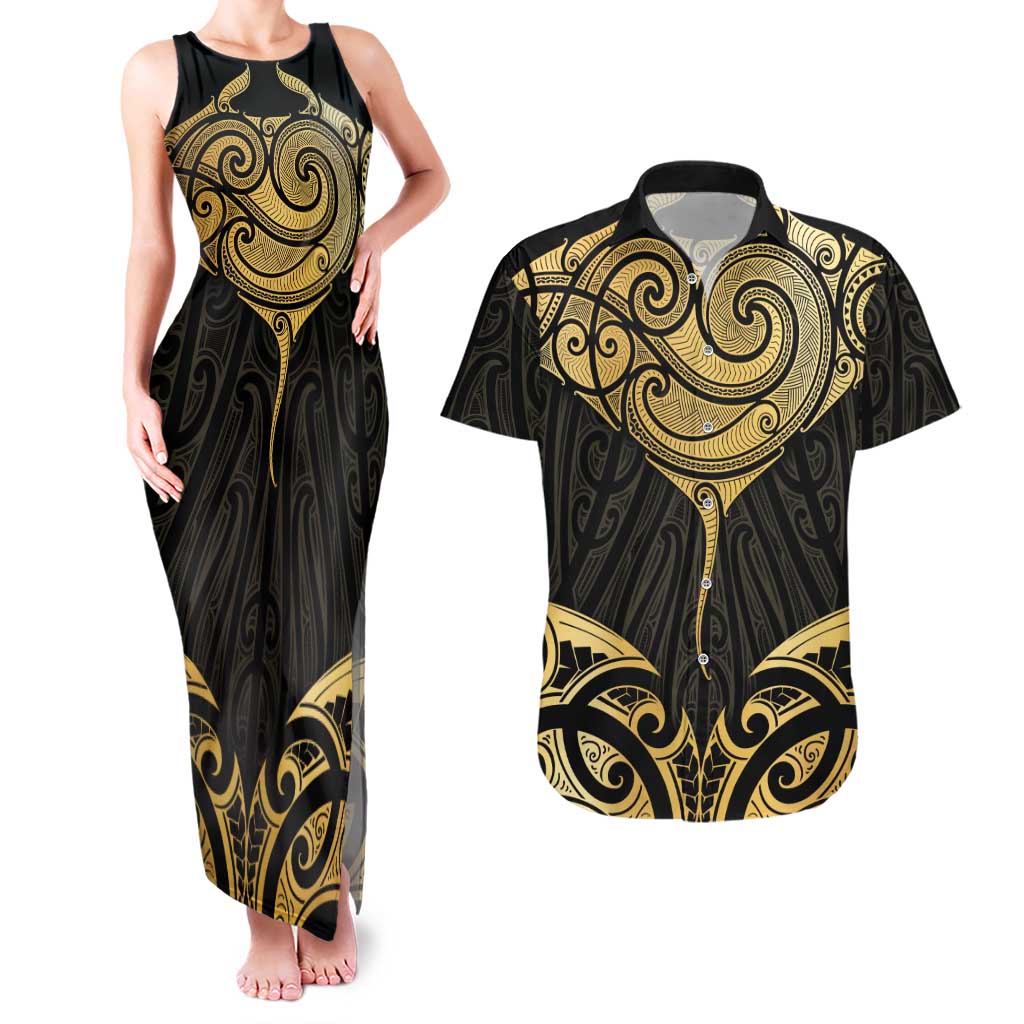 Gold Black New Zealand Manta Ray Couples Matching Tank Maxi Dress and Hawaiian Shirt Aotearoa Maori Haehae LT14 Black - Polynesian Pride