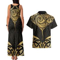 Gold Black New Zealand Manta Ray Couples Matching Tank Maxi Dress and Hawaiian Shirt Aotearoa Maori Haehae LT14 - Polynesian Pride