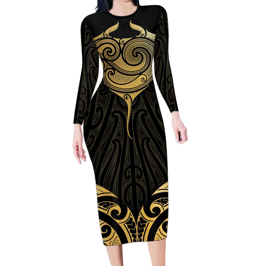 Gold Black New Zealand Manta Ray Family Matching Long Sleeve Bodycon Dress and Hawaiian Shirt Aotearoa Maori Haehae LT14 Mom's Dress Black - Polynesian Pride