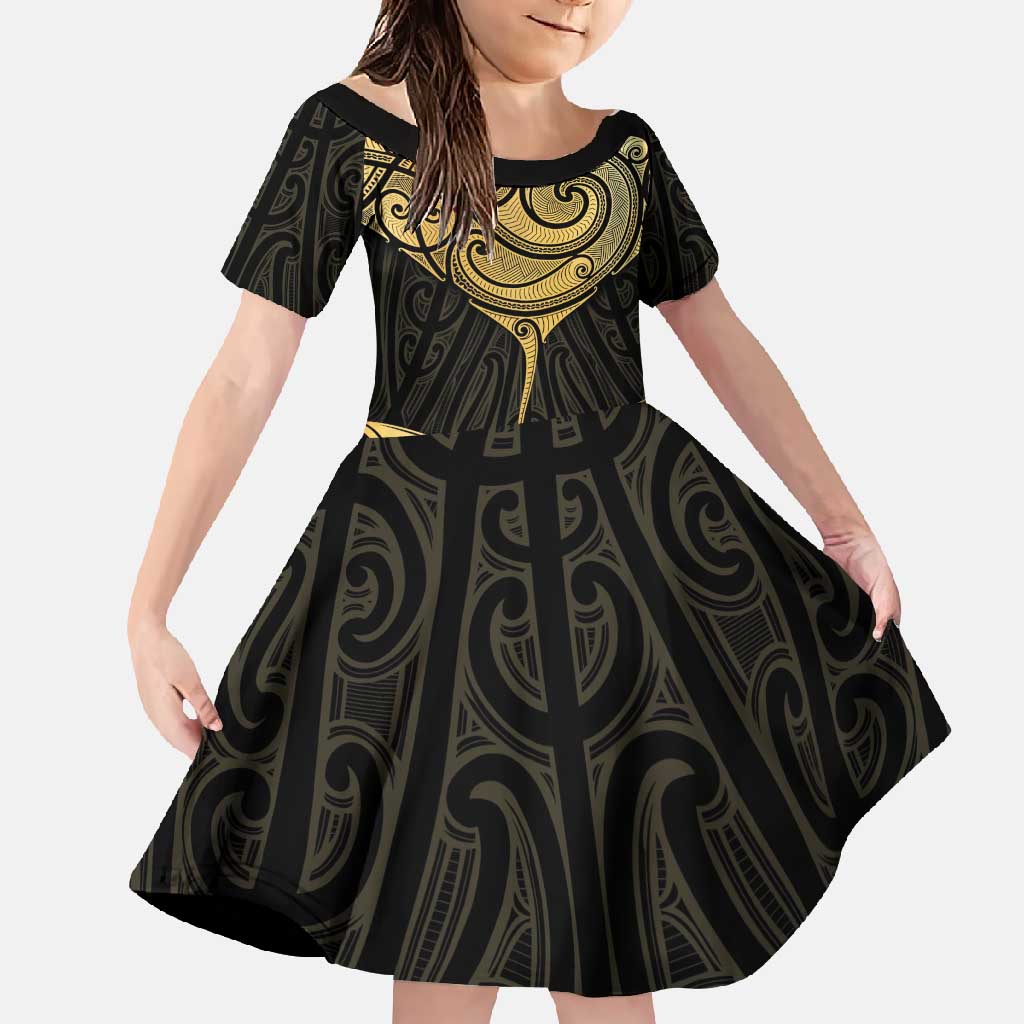 Gold Black New Zealand Manta Ray Family Matching Mermaid Dress and Hawaiian Shirt Aotearoa Maori Haehae LT14 Daughter's Dress Black - Polynesian Pride