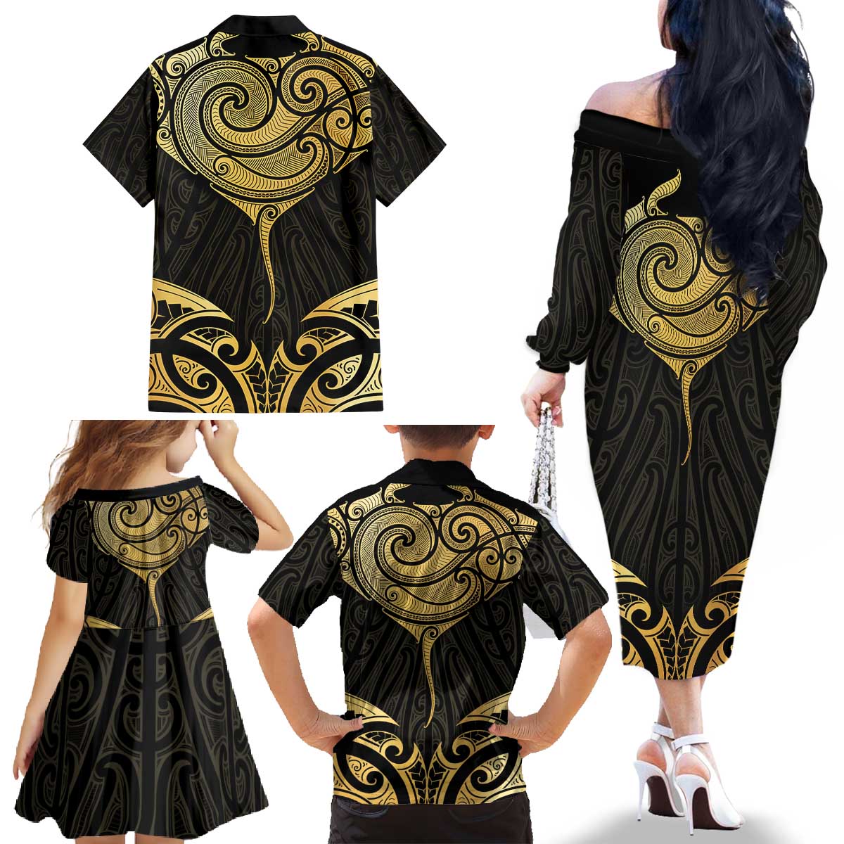 Gold Black New Zealand Manta Ray Family Matching Off The Shoulder Long Sleeve Dress and Hawaiian Shirt Aotearoa Maori Haehae LT14 - Polynesian Pride