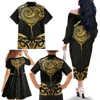 Gold Black New Zealand Manta Ray Family Matching Off The Shoulder Long Sleeve Dress and Hawaiian Shirt Aotearoa Maori Haehae LT14 - Polynesian Pride