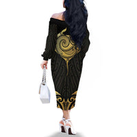 Gold Black New Zealand Manta Ray Family Matching Off The Shoulder Long Sleeve Dress and Hawaiian Shirt Aotearoa Maori Haehae LT14 - Polynesian Pride
