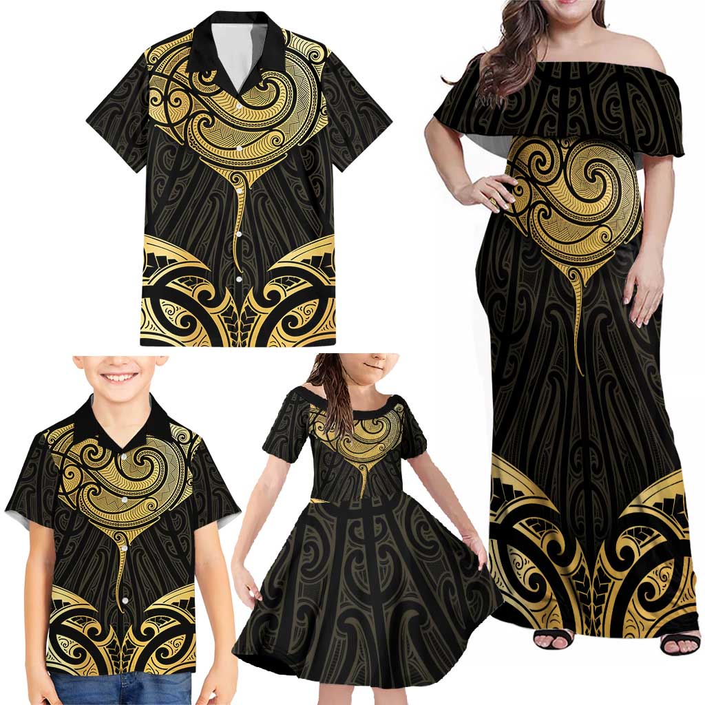 Gold Black New Zealand Manta Ray Family Matching Off Shoulder Maxi Dress and Hawaiian Shirt Aotearoa Maori Haehae LT14 - Polynesian Pride