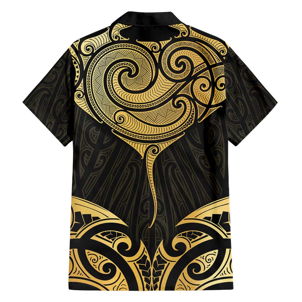 Gold Black New Zealand Manta Ray Family Matching Off Shoulder Maxi Dress and Hawaiian Shirt Aotearoa Maori Haehae LT14 - Polynesian Pride