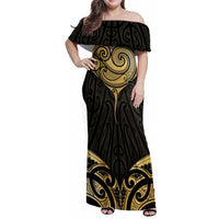 Gold Black New Zealand Manta Ray Family Matching Off Shoulder Maxi Dress and Hawaiian Shirt Aotearoa Maori Haehae LT14 Mom's Dress Black - Polynesian Pride