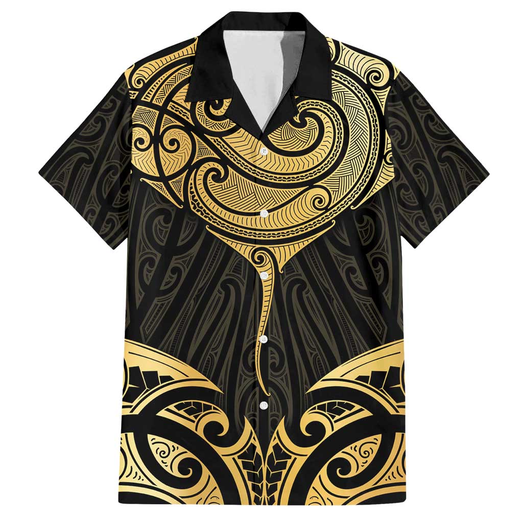 Gold Black New Zealand Manta Ray Family Matching Off Shoulder Short Dress and Hawaiian Shirt Aotearoa Maori Haehae LT14 Dad's Shirt - Short Sleeve Black - Polynesian Pride