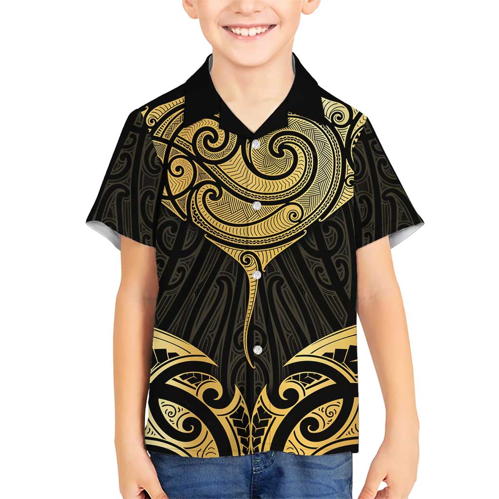 Gold Black New Zealand Manta Ray Family Matching Short Sleeve Bodycon Dress and Hawaiian Shirt Aotearoa Maori Haehae LT14 Son's Shirt Black - Polynesian Pride