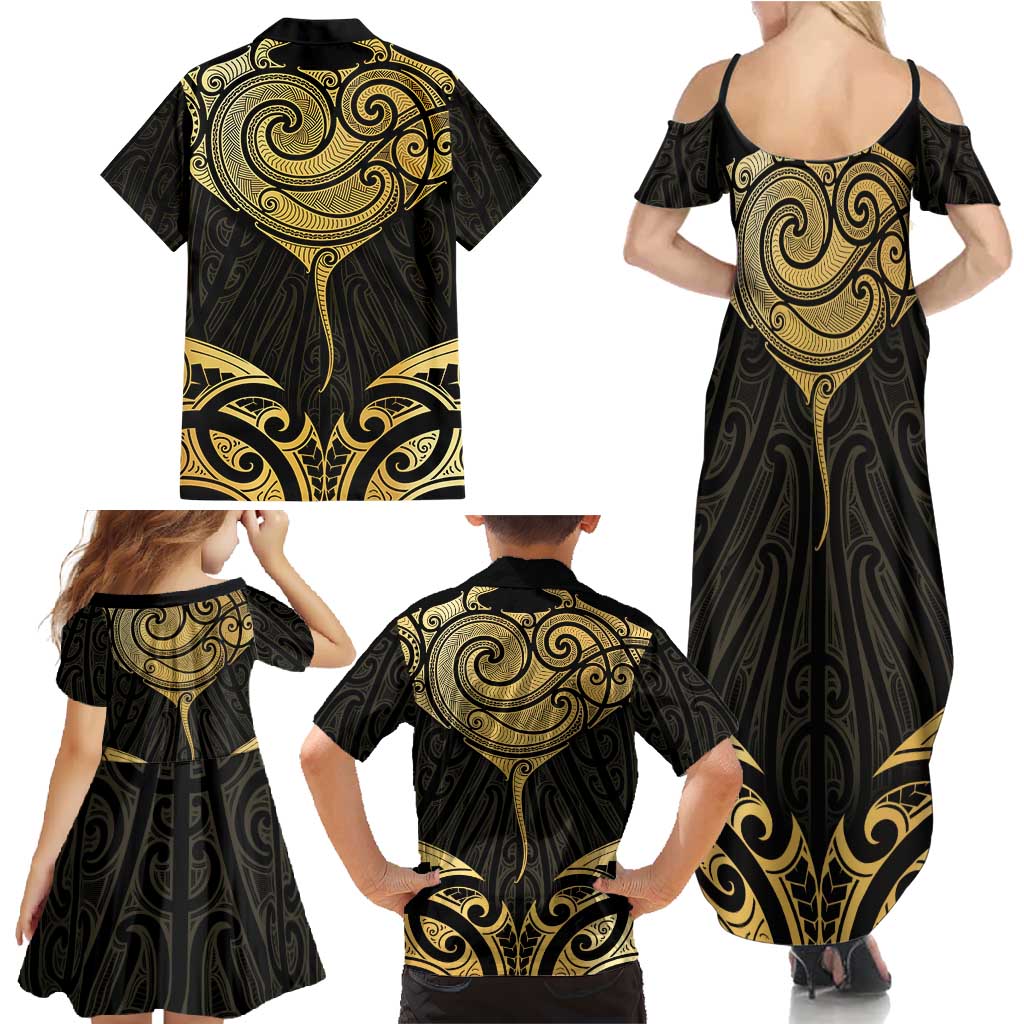 Gold Black New Zealand Manta Ray Family Matching Summer Maxi Dress and Hawaiian Shirt Aotearoa Maori Haehae LT14 - Polynesian Pride