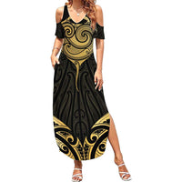 Gold Black New Zealand Manta Ray Family Matching Summer Maxi Dress and Hawaiian Shirt Aotearoa Maori Haehae LT14 Mom's Dress Black - Polynesian Pride