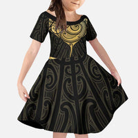 Gold Black New Zealand Manta Ray Family Matching Tank Maxi Dress and Hawaiian Shirt Aotearoa Maori Haehae LT14 Daughter's Dress Black - Polynesian Pride