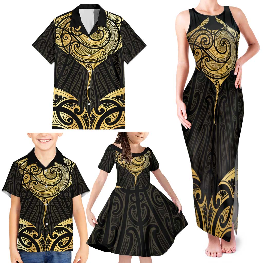 Gold Black New Zealand Manta Ray Family Matching Tank Maxi Dress and Hawaiian Shirt Aotearoa Maori Haehae LT14 - Polynesian Pride