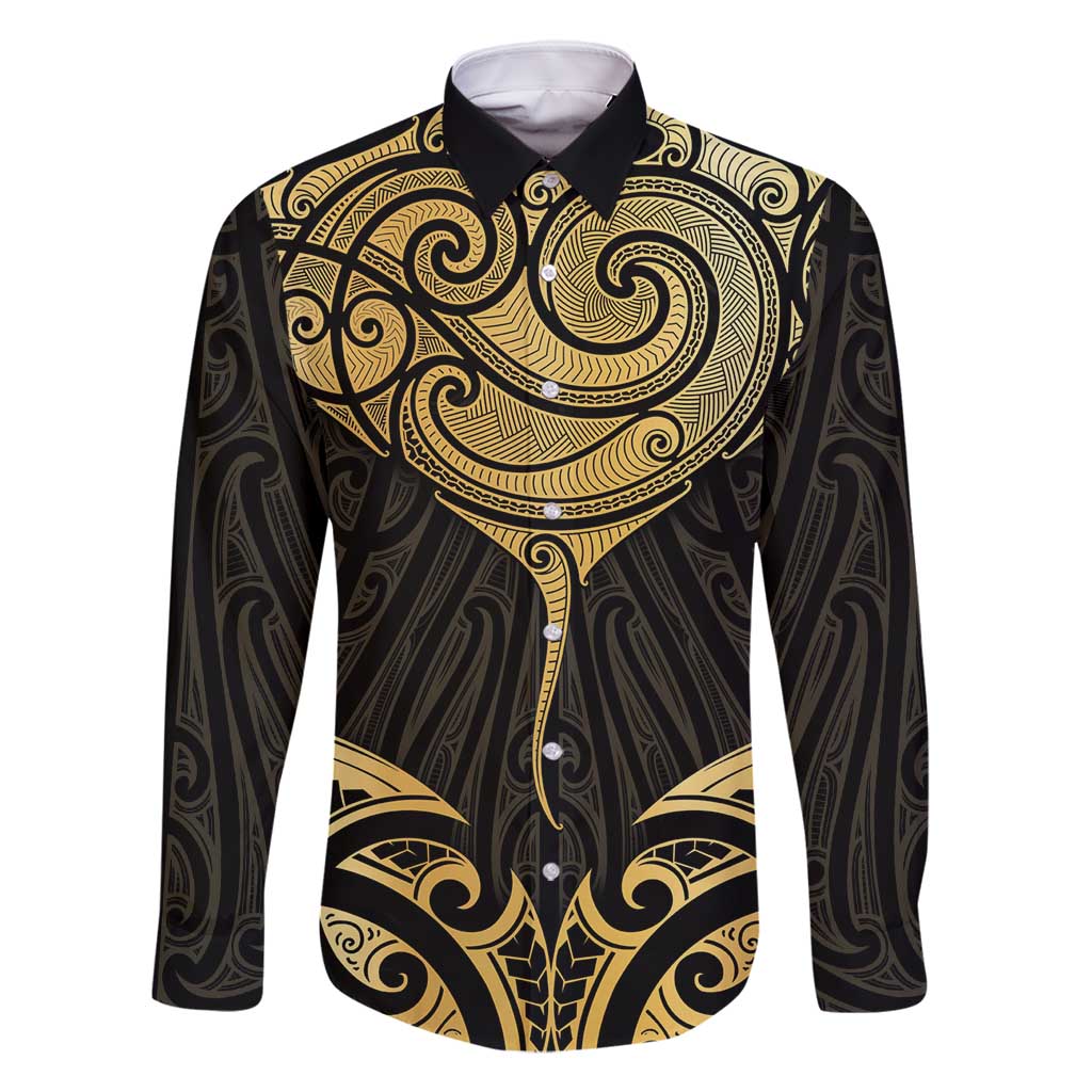 Gold Black New Zealand Manta Ray Family Matching Tank Maxi Dress and Hawaiian Shirt Aotearoa Maori Haehae LT14 Dad's Shirt - Long Sleeve Black - Polynesian Pride