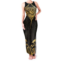 Gold Black New Zealand Manta Ray Family Matching Tank Maxi Dress and Hawaiian Shirt Aotearoa Maori Haehae LT14 Mom's Dress Black - Polynesian Pride