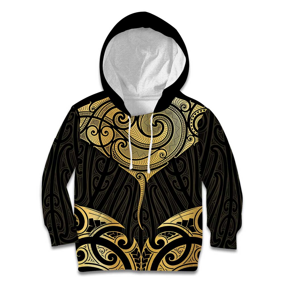 Gold Black New Zealand Manta Ray Kid Hoodie Aotearoa Maori Haehae LT14 Hoodie Black - Polynesian Pride
