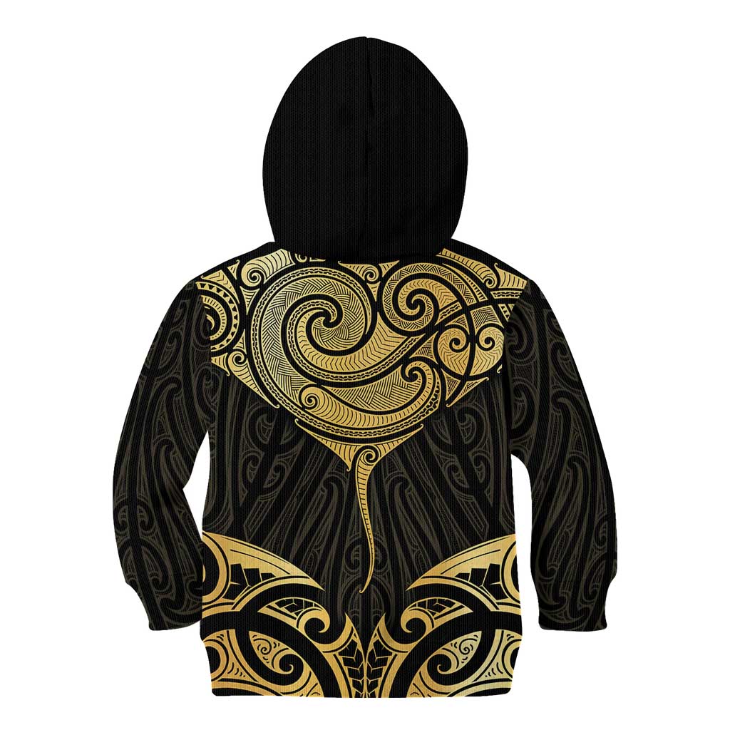 Gold Black New Zealand Manta Ray Kid Hoodie Aotearoa Maori Haehae LT14 - Polynesian Pride