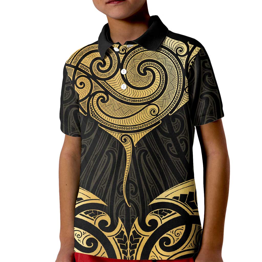 Gold Black New Zealand Manta Ray Kid Polo Shirt Aotearoa Maori Haehae LT14 Kid Black - Polynesian Pride