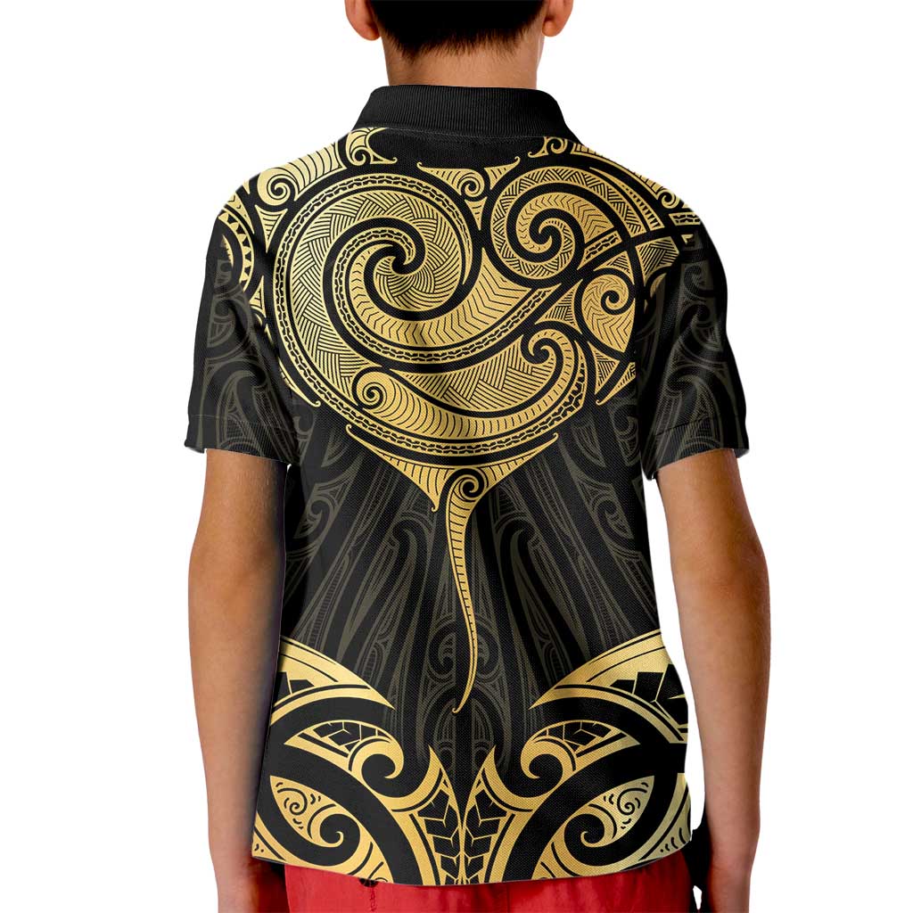 Gold Black New Zealand Manta Ray Kid Polo Shirt Aotearoa Maori Haehae LT14 - Polynesian Pride
