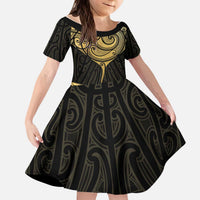 Gold Black New Zealand Manta Ray Kid Short Sleeve Dress Aotearoa Maori Haehae LT14 KID Black - Polynesian Pride