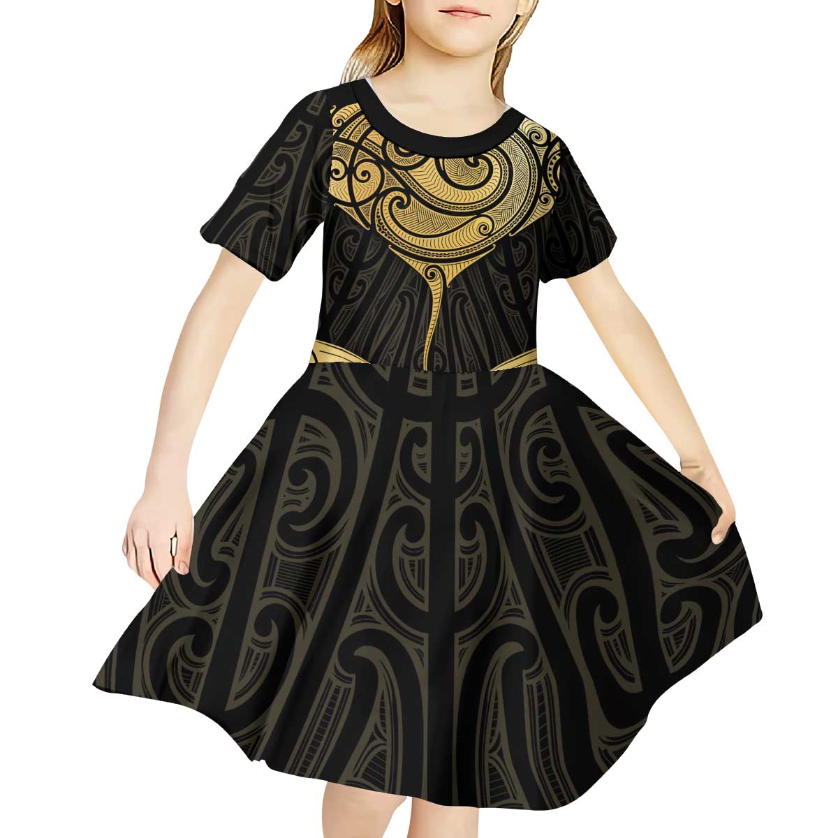 Gold Black New Zealand Manta Ray Kid Short Sleeve Dress Aotearoa Maori Haehae LT14 - Polynesian Pride