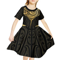 Gold Black New Zealand Manta Ray Kid Short Sleeve Dress Aotearoa Maori Haehae LT14 - Polynesian Pride