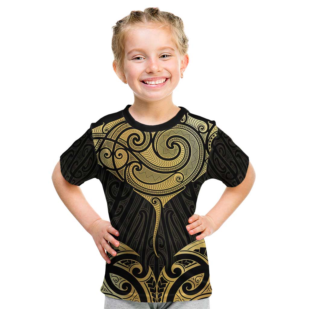Gold Black New Zealand Manta Ray Kid T Shirt Aotearoa Maori Haehae LT14 Black - Polynesian Pride
