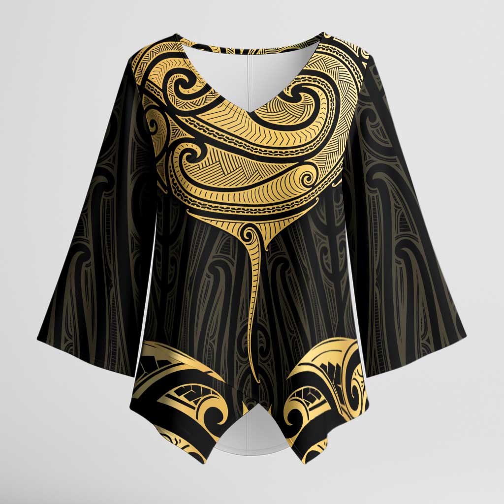 Gold Black New Zealand Manta Ray Kimono Sleeve Blouse Aotearoa Maori Haehae LT14 Female Black - Polynesian Pride