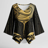 Gold Black New Zealand Manta Ray Kimono Sleeve Blouse Aotearoa Maori Haehae LT14 Female Black - Polynesian Pride