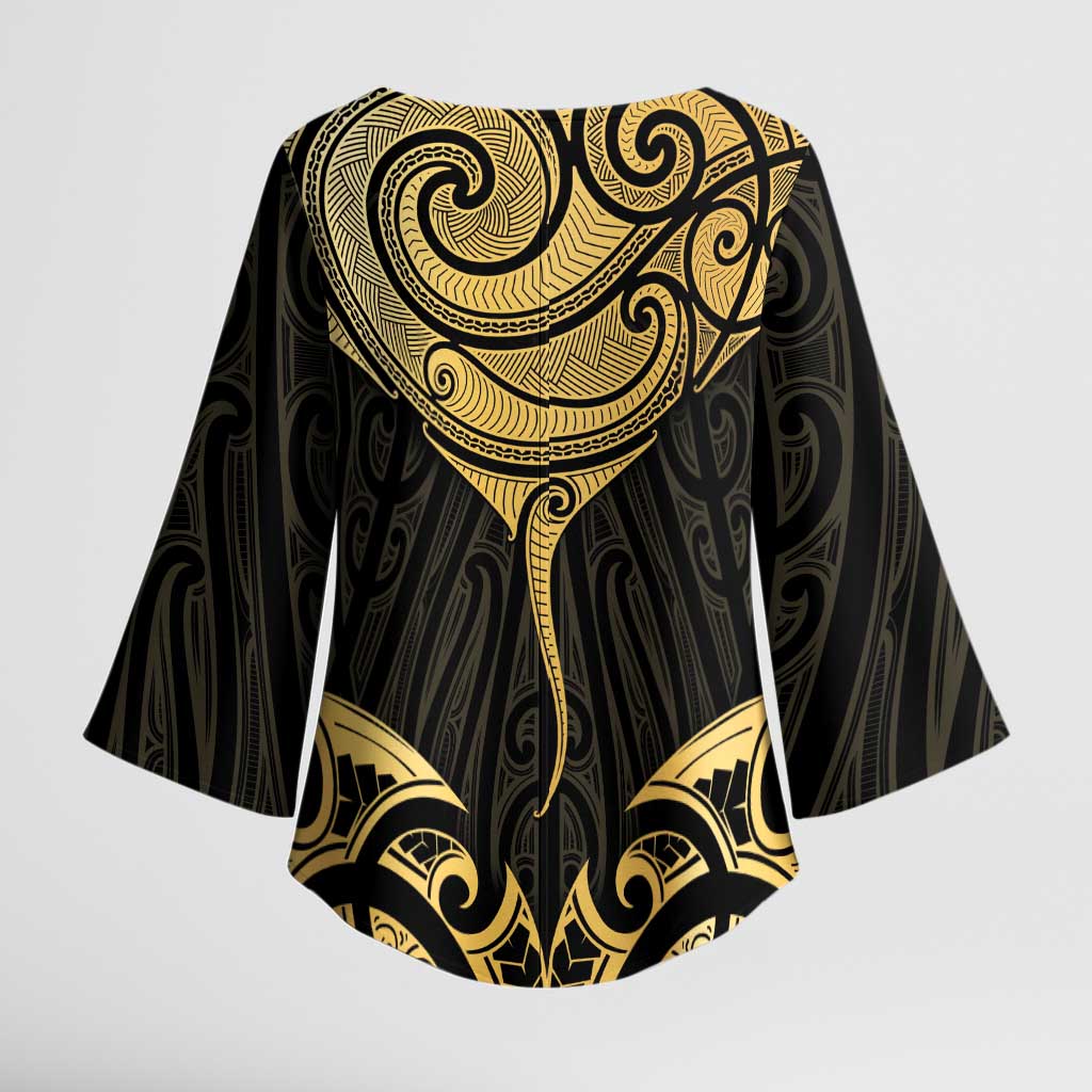 Gold Black New Zealand Manta Ray Kimono Sleeve Blouse Aotearoa Maori Haehae LT14 - Polynesian Pride