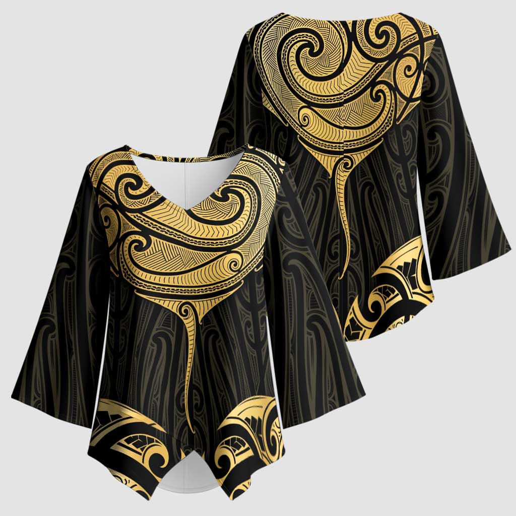 Gold Black New Zealand Manta Ray Kimono Sleeve Blouse Aotearoa Maori Haehae LT14 - Polynesian Pride