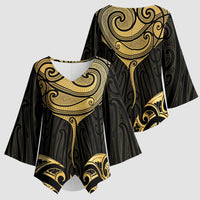 Gold Black New Zealand Manta Ray Kimono Sleeve Blouse Aotearoa Maori Haehae LT14 - Polynesian Pride