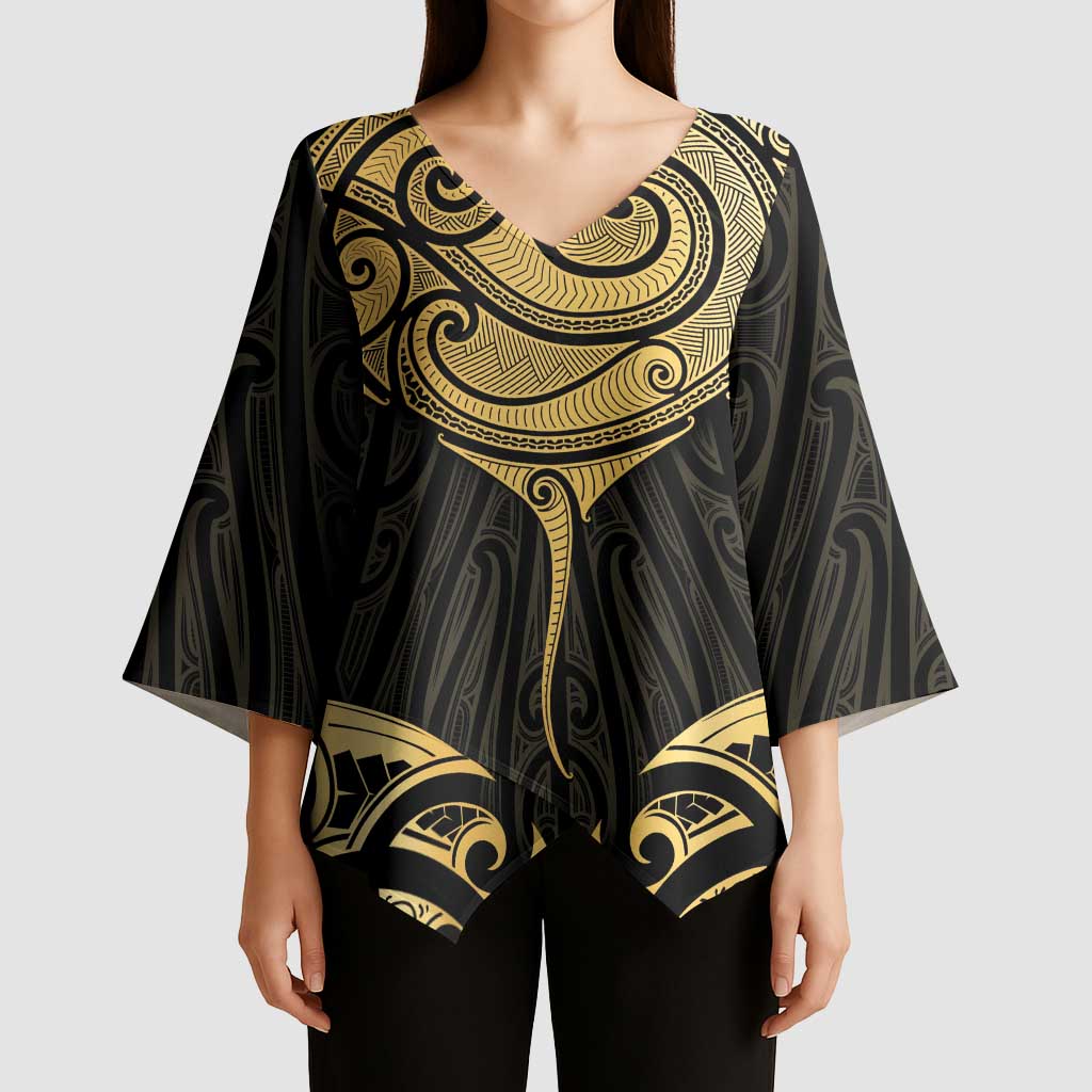 Gold Black New Zealand Manta Ray Kimono Sleeve Blouse Aotearoa Maori Haehae LT14 - Polynesian Pride