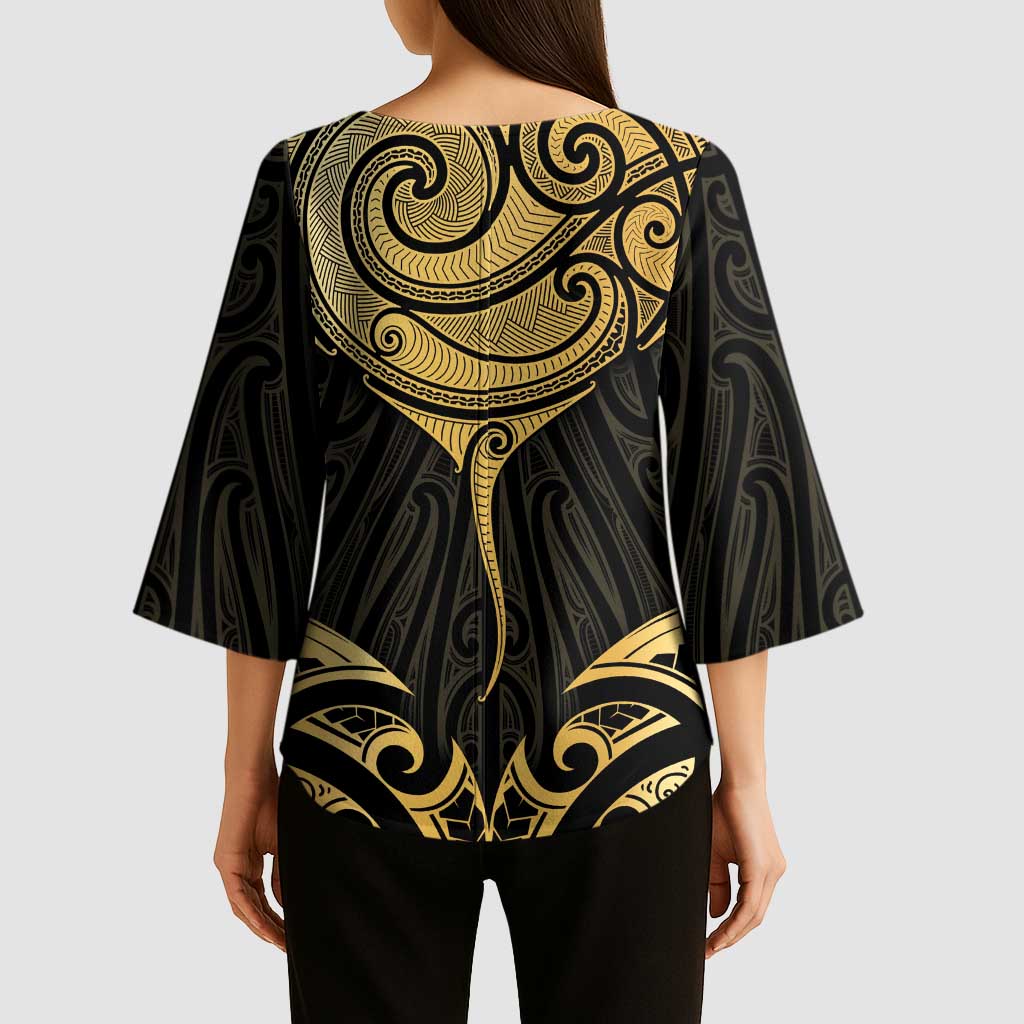 Gold Black New Zealand Manta Ray Kimono Sleeve Blouse Aotearoa Maori Haehae LT14 - Polynesian Pride