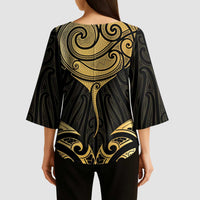 Gold Black New Zealand Manta Ray Kimono Sleeve Blouse Aotearoa Maori Haehae LT14 - Polynesian Pride