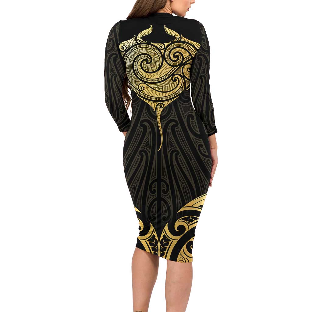 Gold Black New Zealand Manta Ray Long Sleeve Bodycon Dress Aotearoa Maori Haehae LT14 - Polynesian Pride