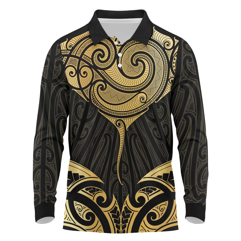 Gold Black New Zealand Manta Ray Long Sleeve Polo Shirt Aotearoa Maori Haehae LT14 Black - Polynesian Pride
