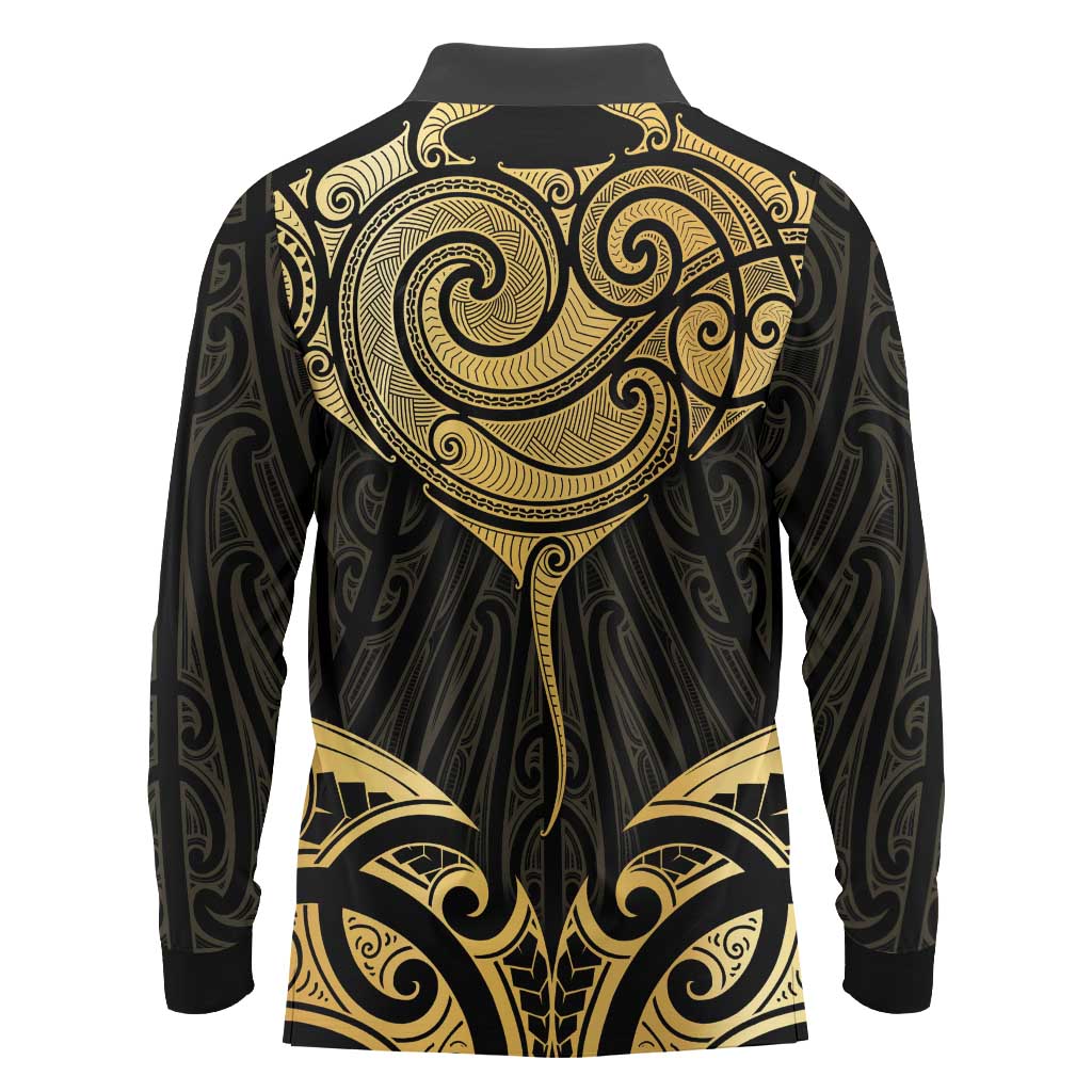 Gold Black New Zealand Manta Ray Long Sleeve Polo Shirt Aotearoa Maori Haehae LT14 - Polynesian Pride