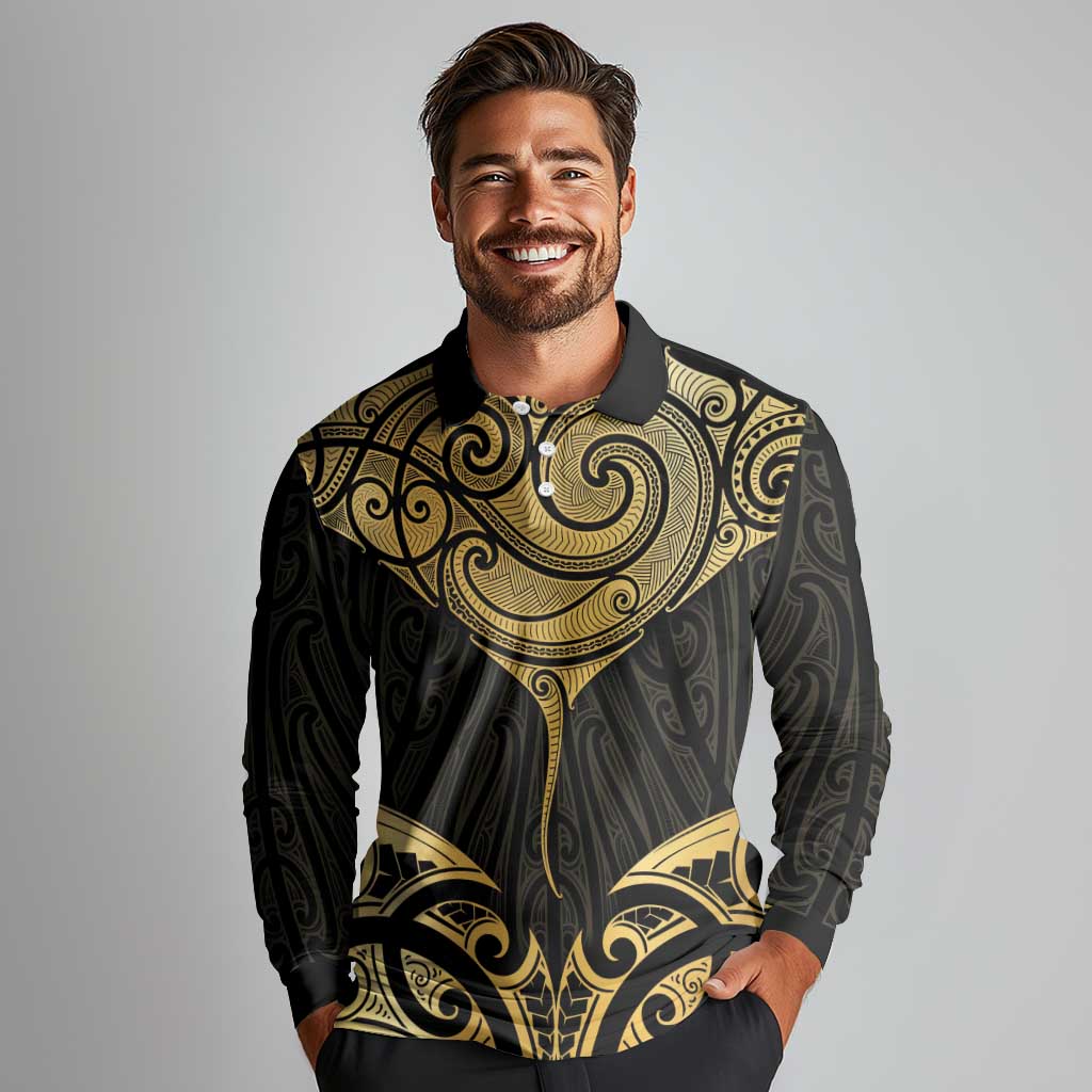 Gold Black New Zealand Manta Ray Long Sleeve Polo Shirt Aotearoa Maori Haehae LT14 - Polynesian Pride