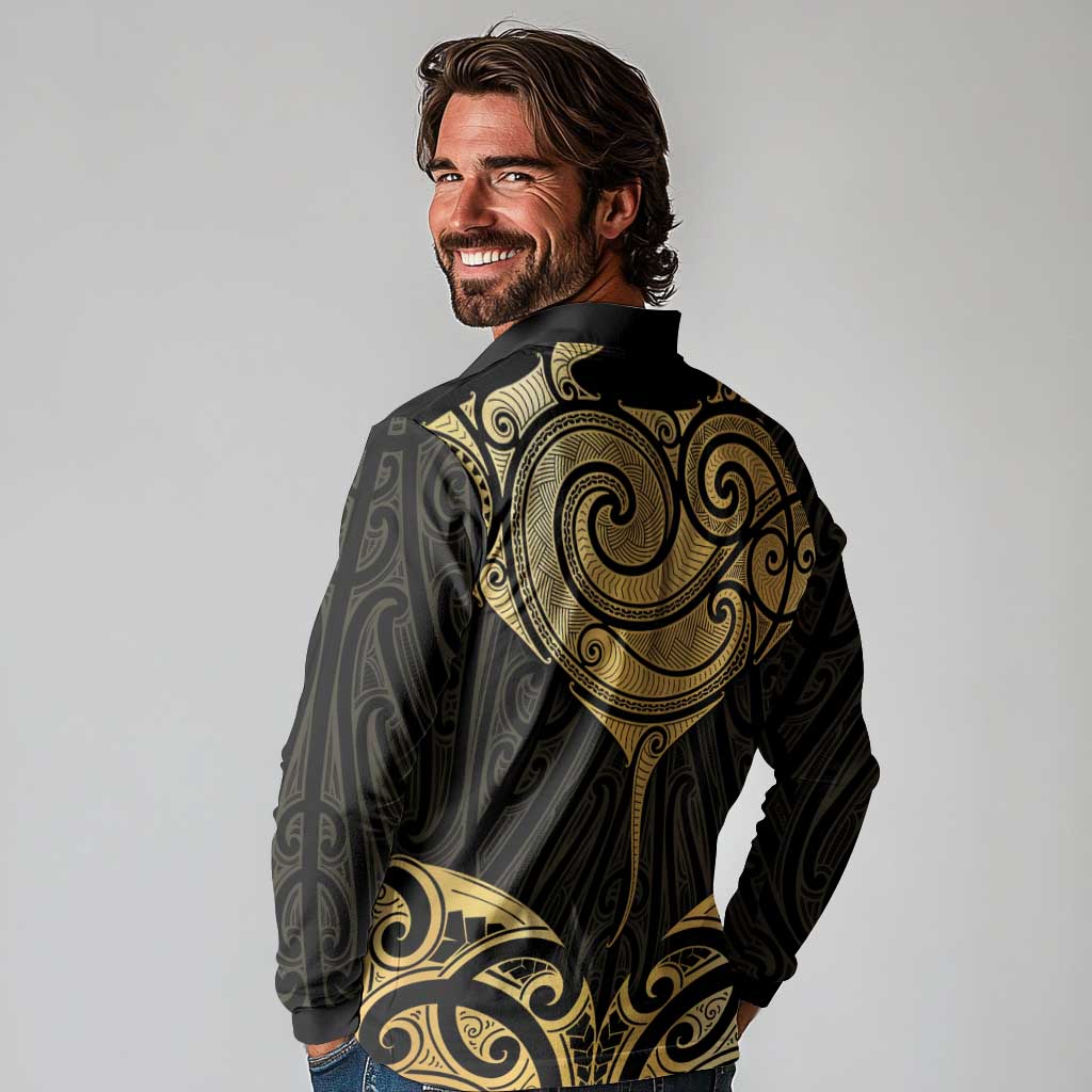 Gold Black New Zealand Manta Ray Long Sleeve Polo Shirt Aotearoa Maori Haehae LT14 - Polynesian Pride