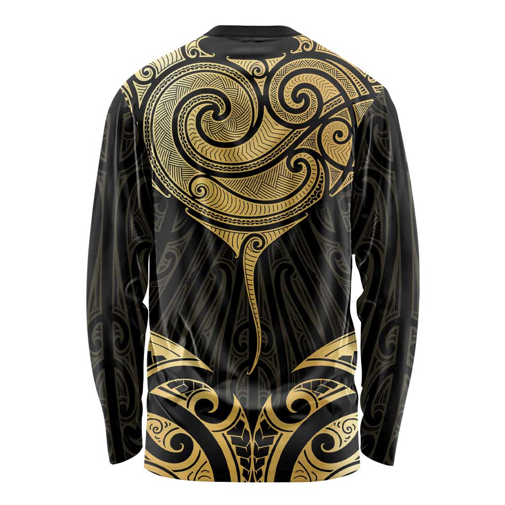 Gold Black New Zealand Manta Ray Long Sleeve Shirt Aotearoa Maori Haehae LT14 - Polynesian Pride