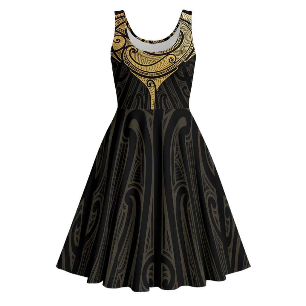 Gold Black New Zealand Manta Ray Midi Dress Aotearoa Maori Haehae LT14 Black - Polynesian Pride