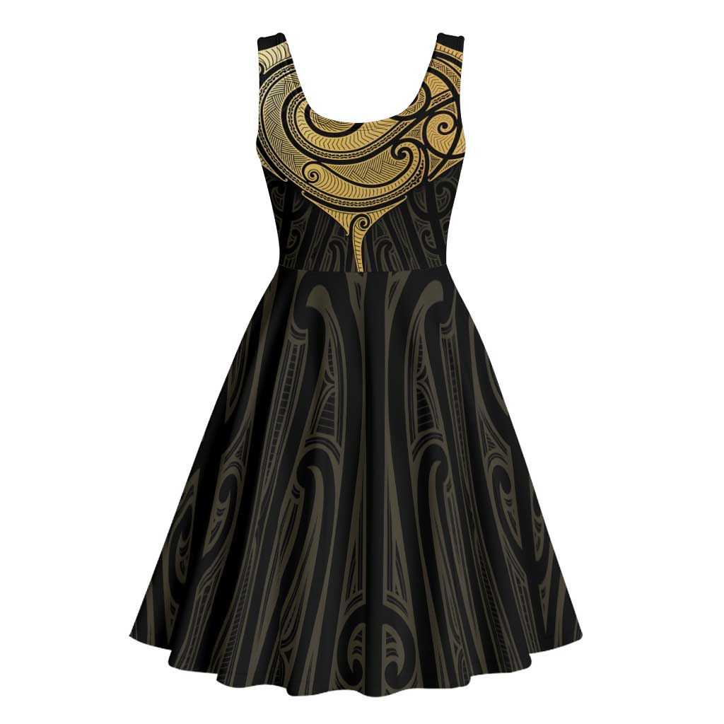 Gold Black New Zealand Manta Ray Midi Dress Aotearoa Maori Haehae LT14 - Polynesian Pride